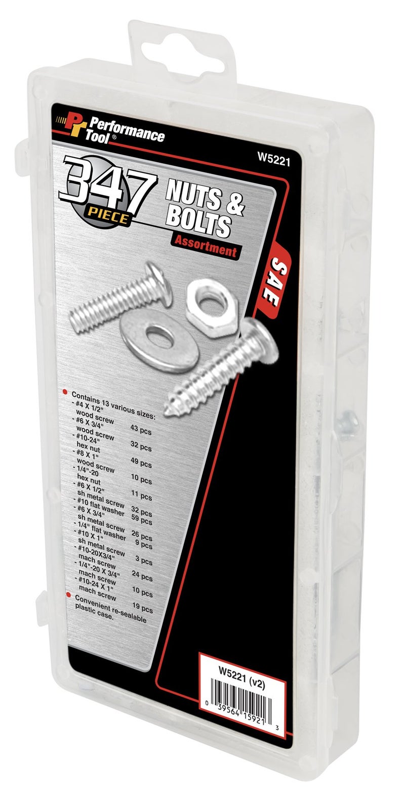 Performance Tool W5221 347pc SAE Nuts & Bolts Assortment With Case - Image 2